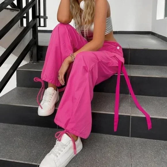Flap Pocket Drawstring Hem Contemporary cargo Pants Hot pink - Picture 3 of 6